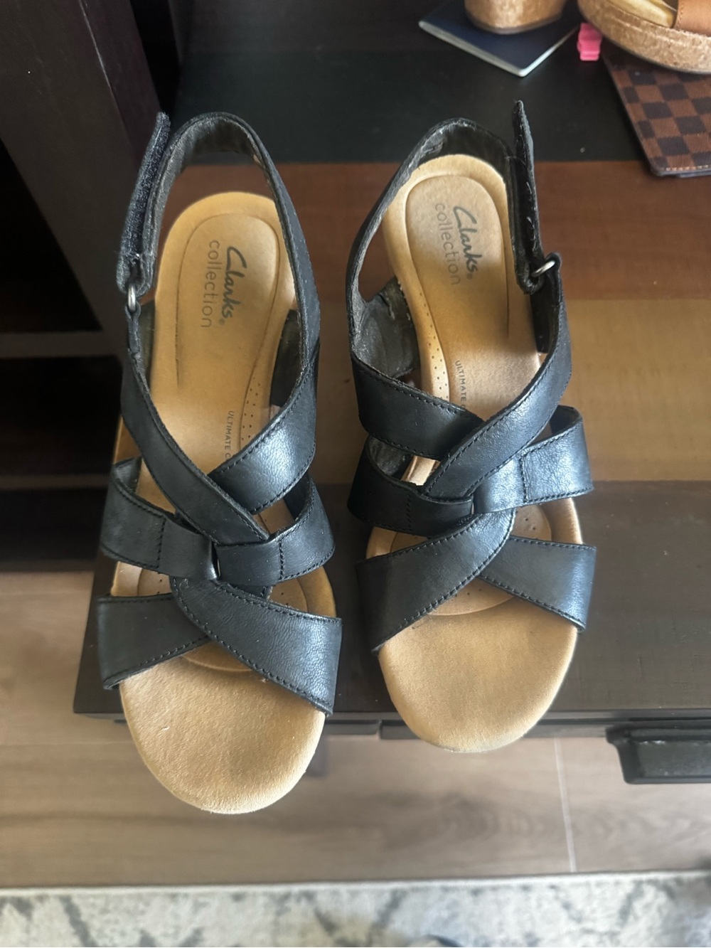 Clarks Black and Tan Leather Strappy Sandals